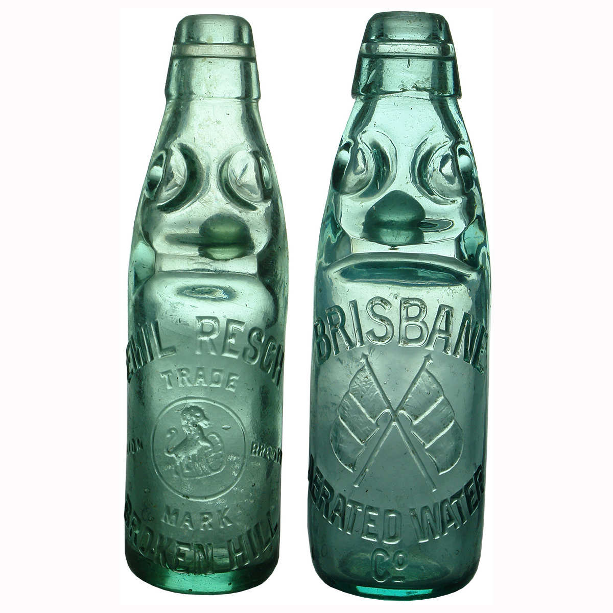 2 Codd Bottles. Emil Resch Broken Hill and Brisbane Aerated Water Co. (New South Wales & Queensland)
