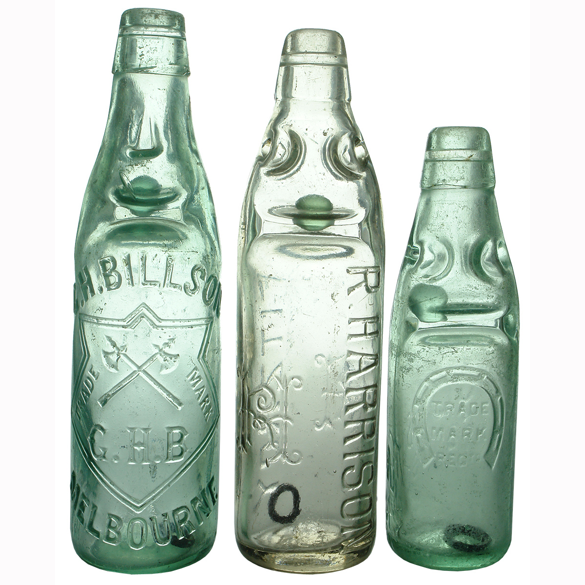 3 Melbourne Codd Bottles. Billson, Harrison and Jacobson. Fitzroy. Footscray. (Victoria)