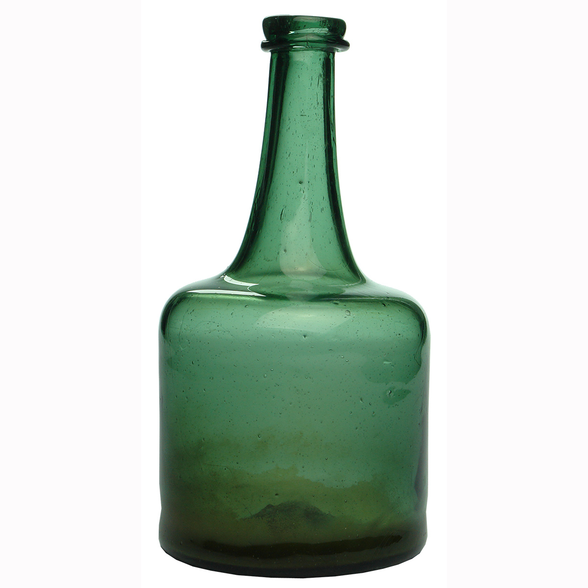 Black Glass. Straight sided Mallet wine bottle. Actually mid green. Pontil scar to base.