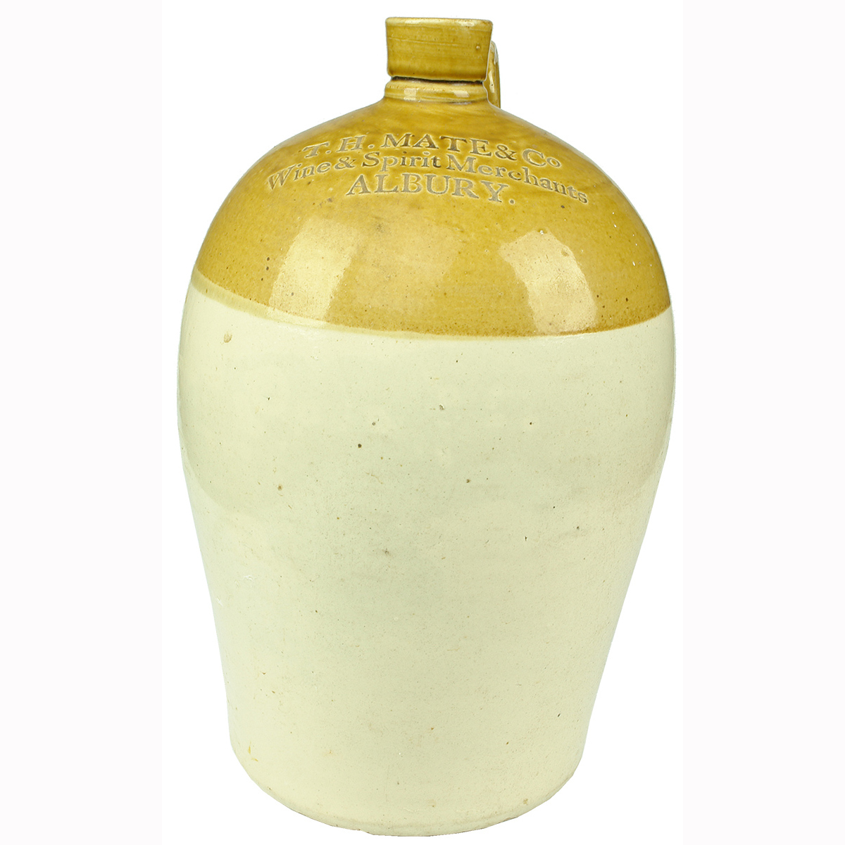 Demijohn. T. H. Mate & Co., Wine & Spirit Merchants, Albury. Price Bristol Pottery. 2 Gallon. (New South Wales)