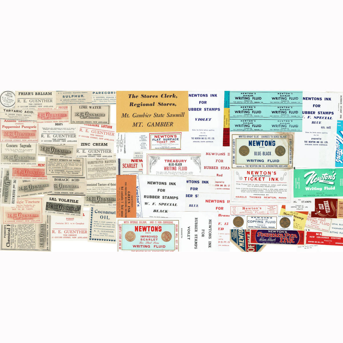 59 South Australian Labels: Guenther, Chemist, Adelaide; Newton Ink Co; Mount Gambier State Sawmill. (South Australia)