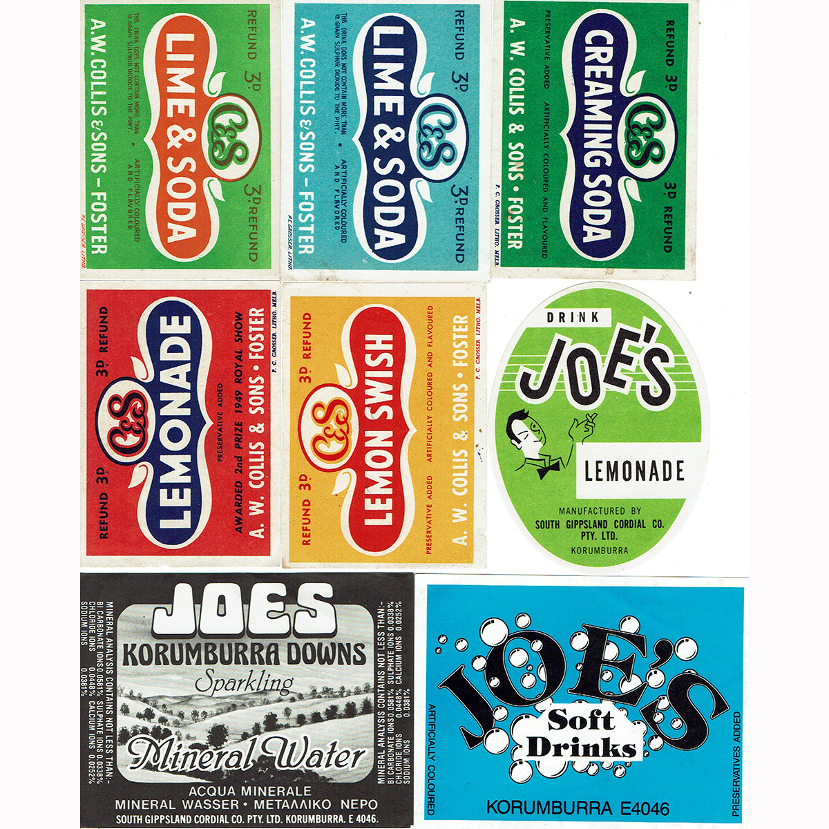 8 Gippsland Soft Drink Labels: Joes Korumburra; Collis & Sons Foster. (Victoria)