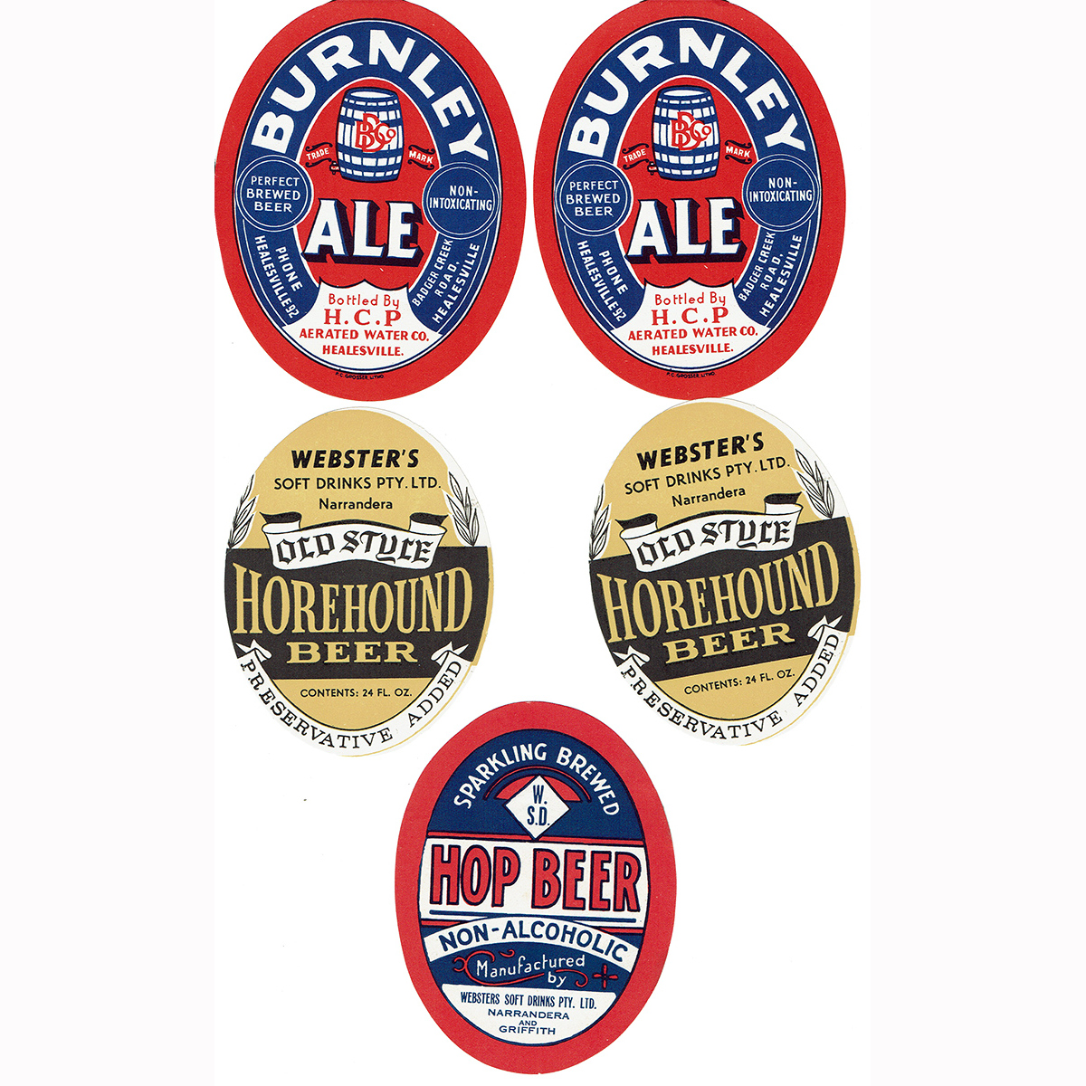 5 Hop Beer Labels: Websters Narrandera; Burnley Ale; HCP. (New South Wales & Victoria)