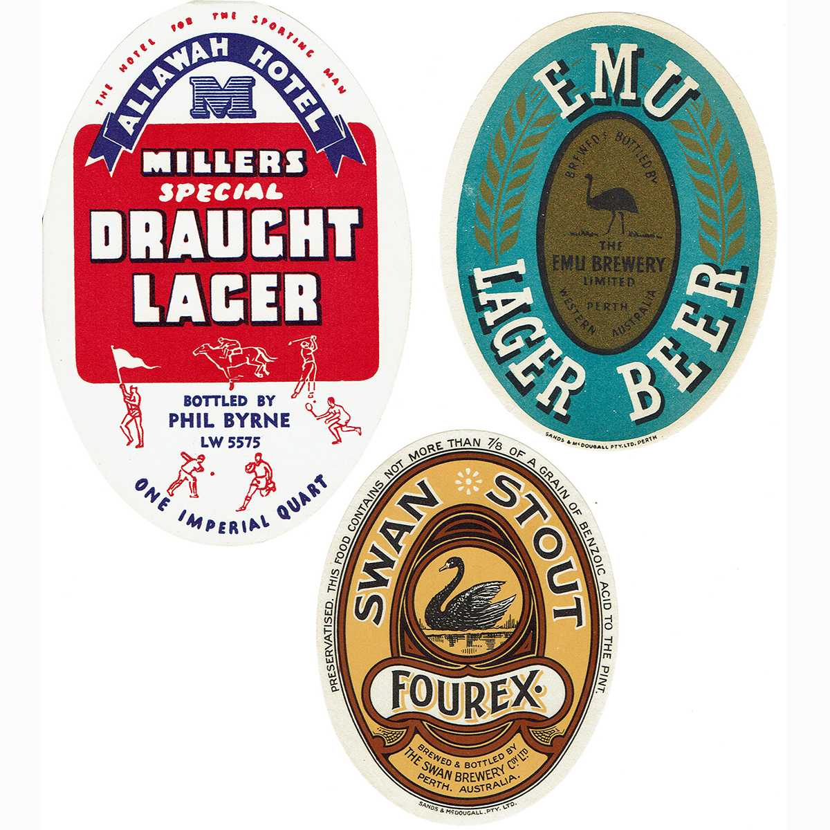 3 Beer Labels: Swan Stout; Emu Lager; Miller Draught, Allawah Hotel.