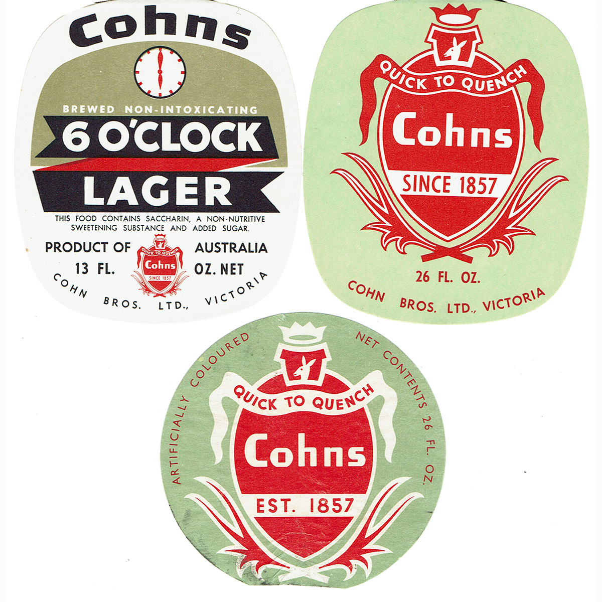 3 Cohns Bendigo Labels. 6 o'clock lager and others. (Victoria)