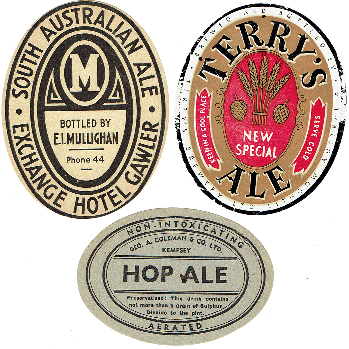 3 Beer Labels: Terrys Ale Lithgow; George Coleman Kempsey Hop Ale; South Australian Ale Exchange Hotel Gawler.