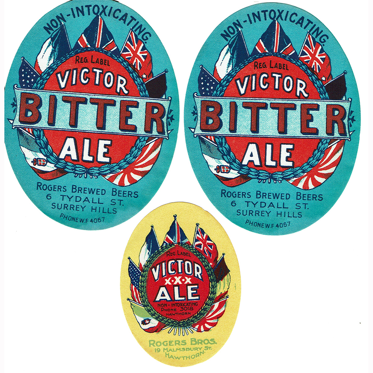 3 Rogers Bros Hawthorn, Surrey Hills Labels. Victor Ale, XXX Ale. (Victoria)