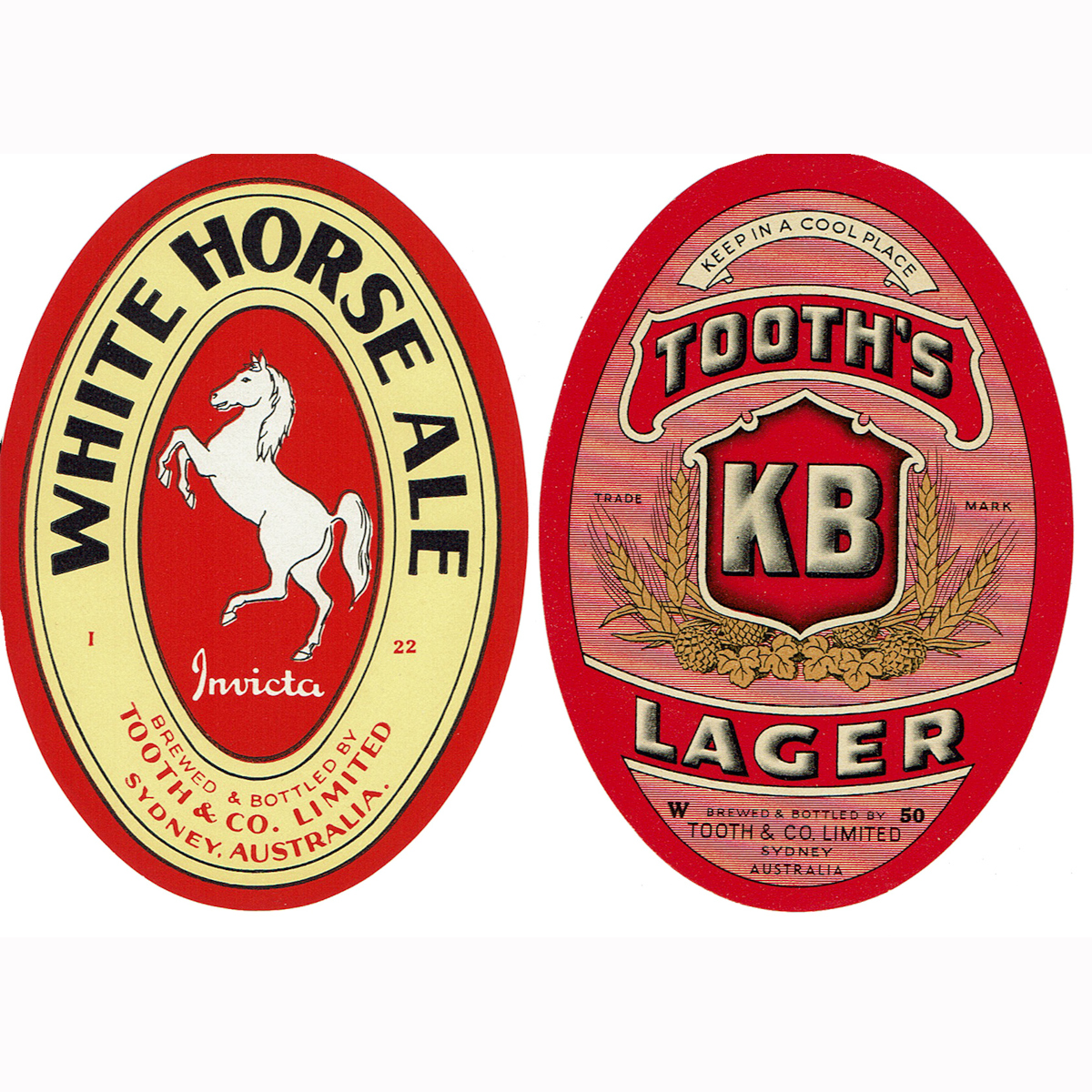 2 Beer Labels: Tooths KB Lager; Tooth & Co White Horse Ale
