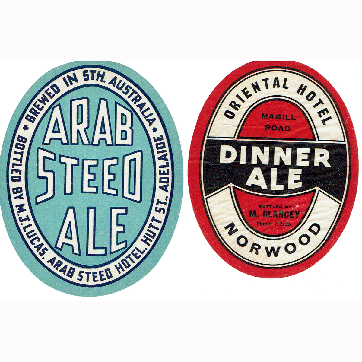 2 Beer labels: Arab Steed Hotel, Oriental Hotel Norwood. (South Australia)