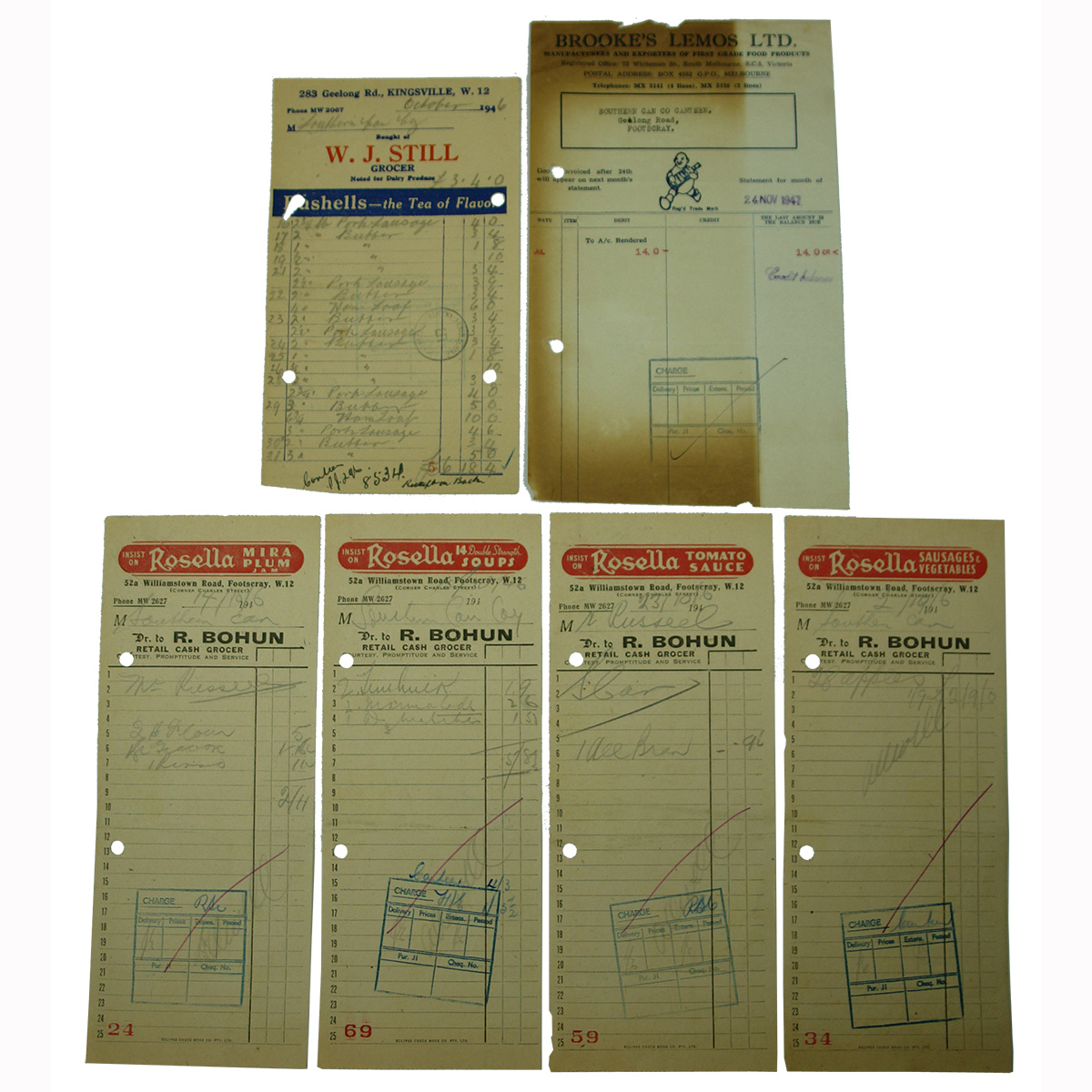 6 pieces of food ephemera: 4 x 1940s invoices for Rosella Sausages and Vegetables, Footscray; 1 x 1947 Brooke's Lemos Invoice, Melbourne; 1 x 1946 invoice from W. J. Still, Grocer, Kingsville.