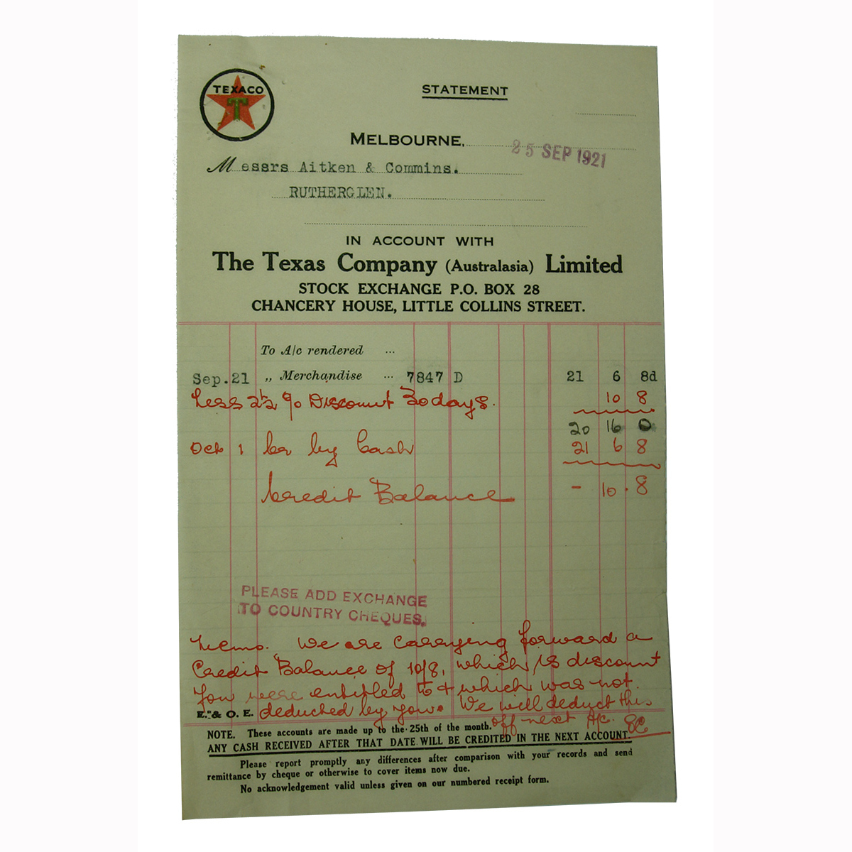 Ephemera. Texaco. The Texas Company of Australia. Aitken & Commins Rutherglen Invoice. (Victoria)