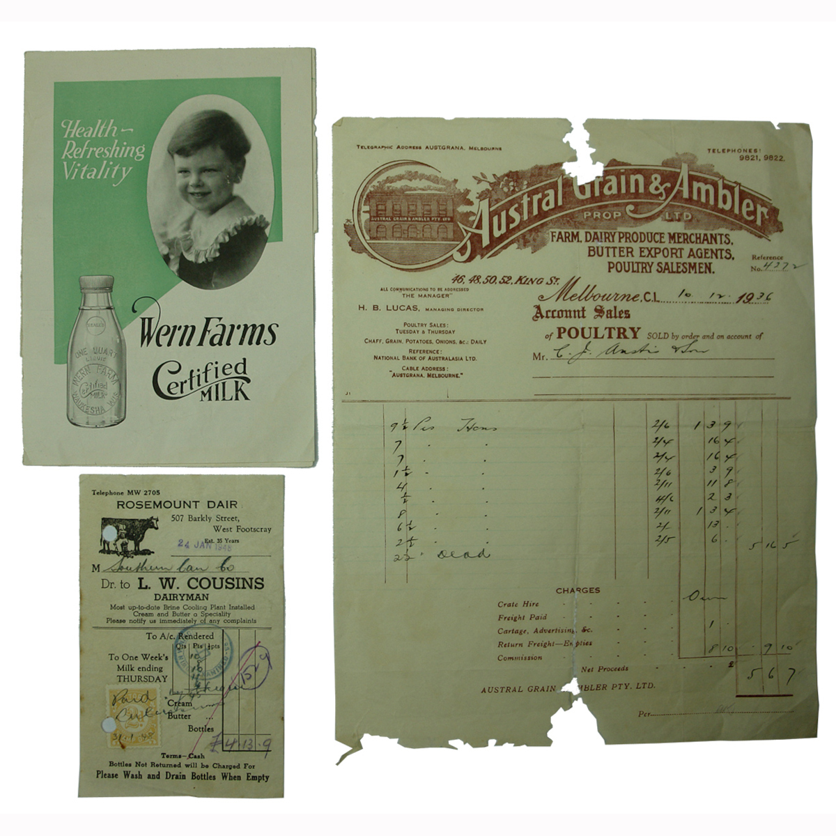 Dairy Ephemera. Cousins, West Footscray; Certified Milk; Austral. (Victoria)