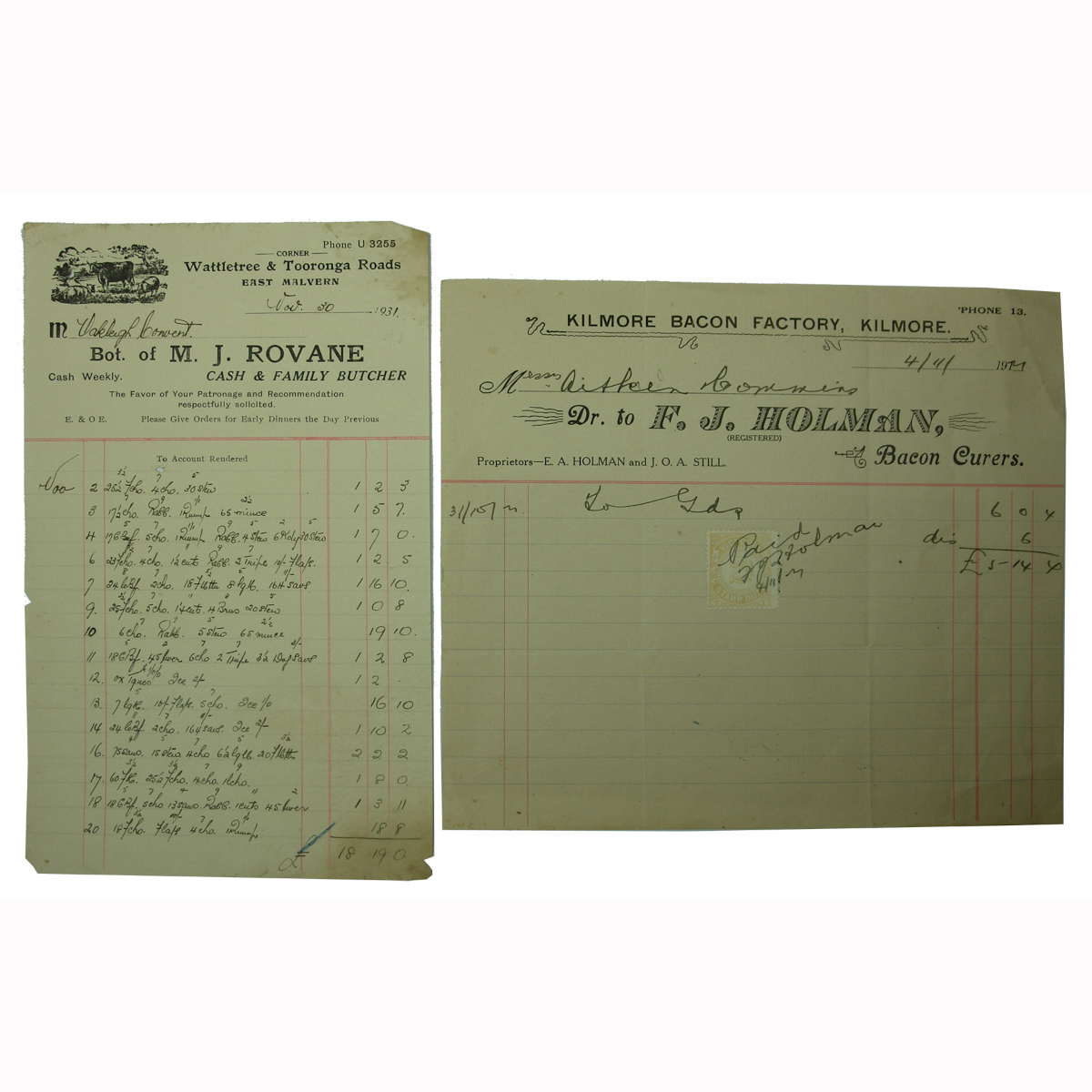 Ephemera. Invoices from Rovane butcher, Malvern. Kilmore Bacon Factory. (Victoria)