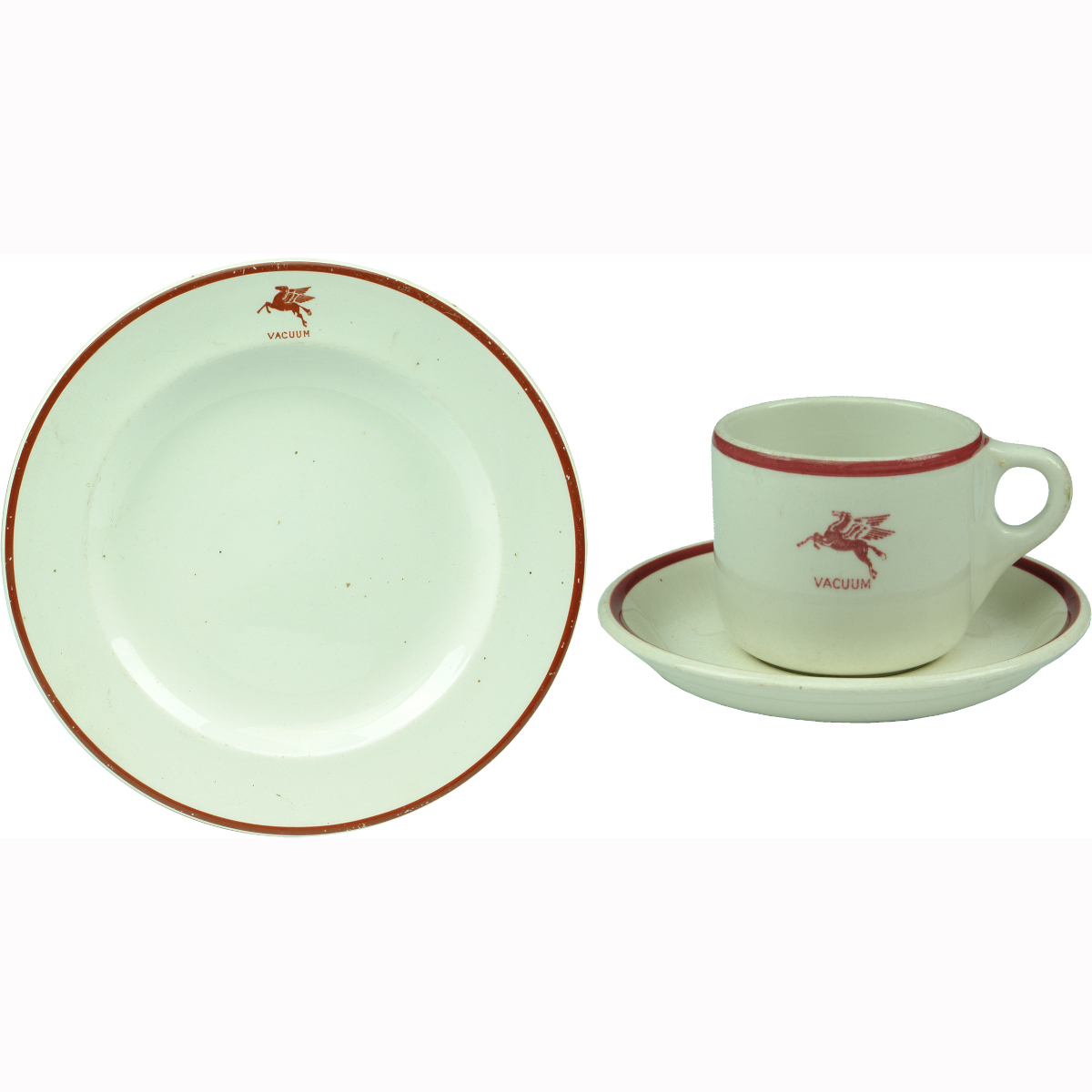 3 Pieces Hotelware. Plate & cup Vacuum Oil Pegasus. Loftus Moran Melbourne. Dunn Bennett England.
