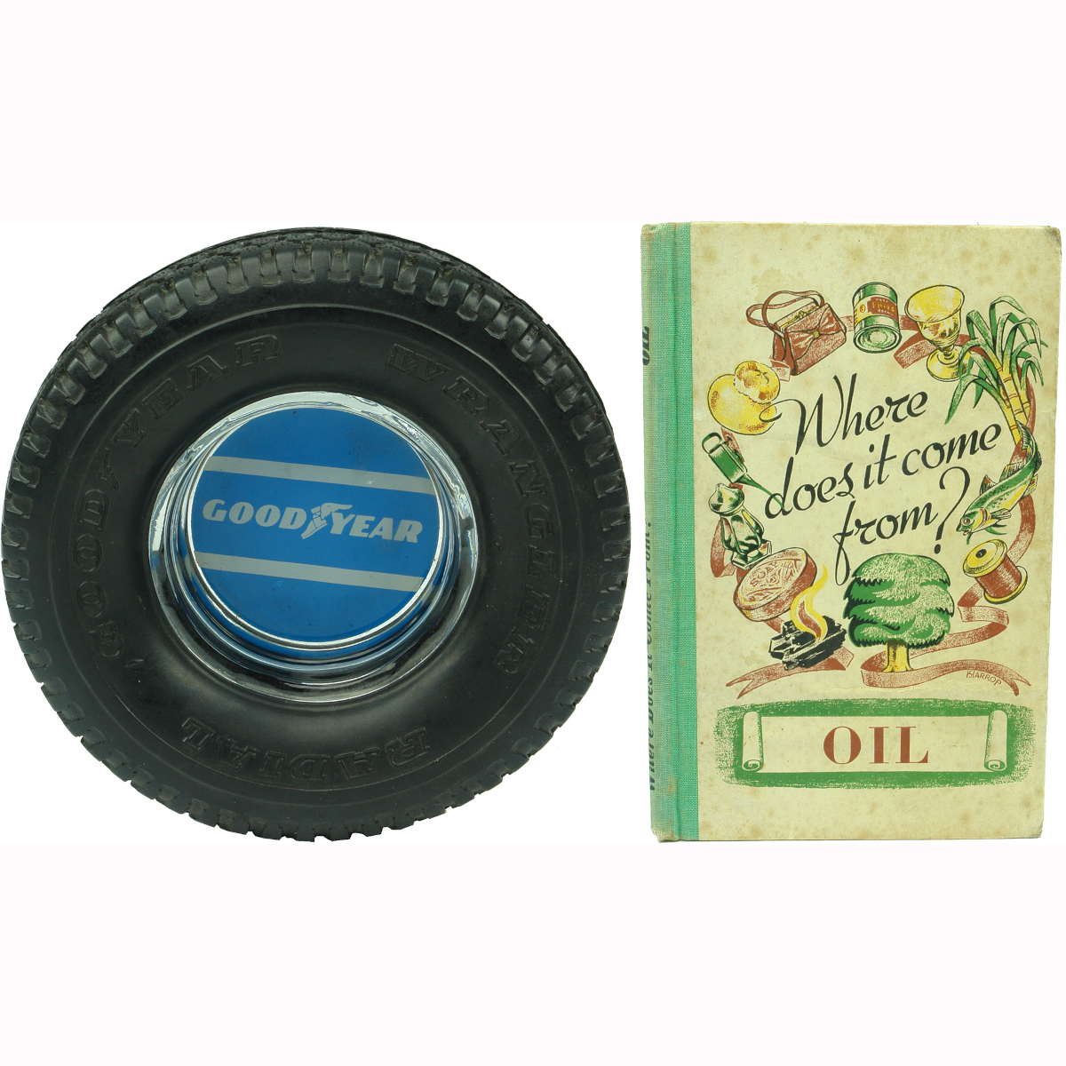 2 Advertising Promotional Items: Good Year Tyres Ashtray; Golden Fleece where does oil come from booklet.
