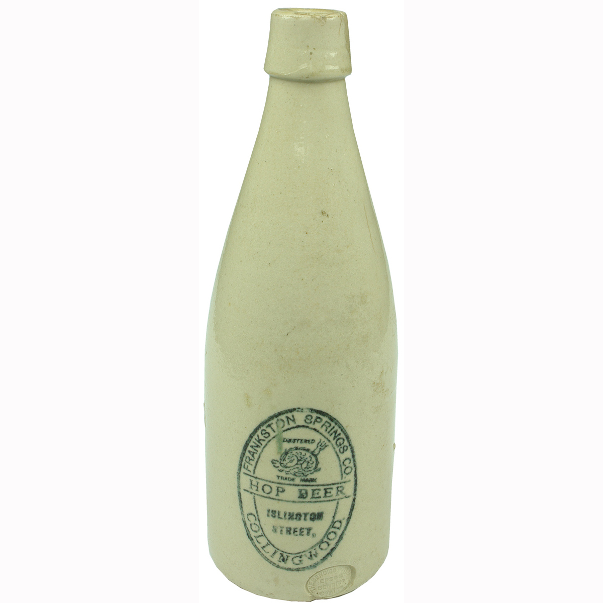 Ginger Beer. Frankston Springs Hop Beer. Islington Street Collingwood. 26 oz. Dolphin trade mark. All White. (Victoria)